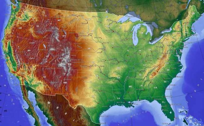 физическая карта рельефа США